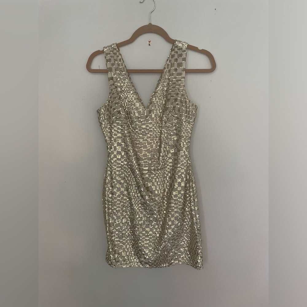 Chelsea & Violet Gold Checkered Sequin Mini Dress.